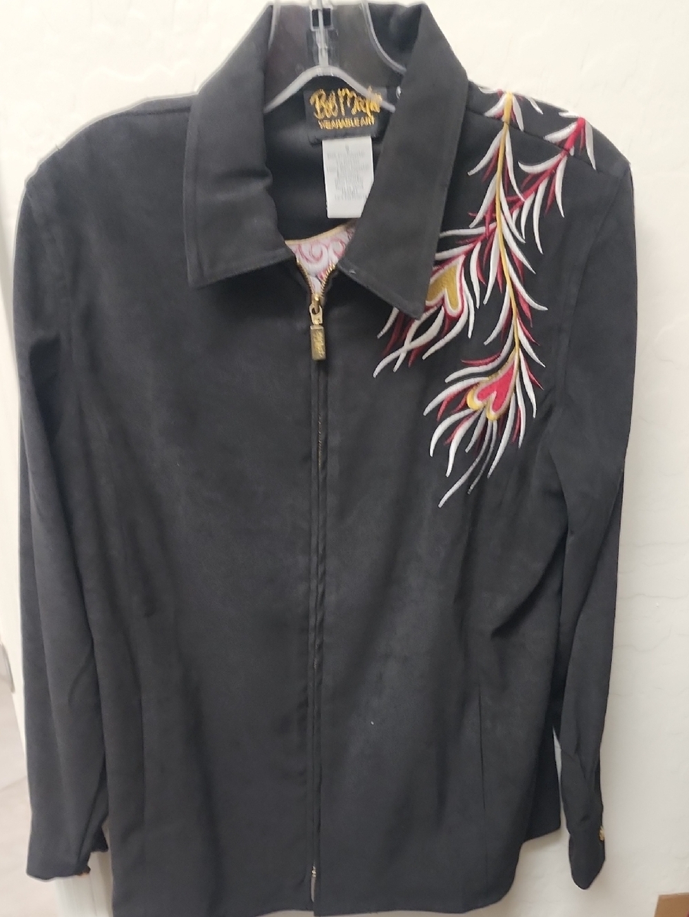 Bob Mackie Black Zip-Front Jacket with Embroidered Multicolor Motif